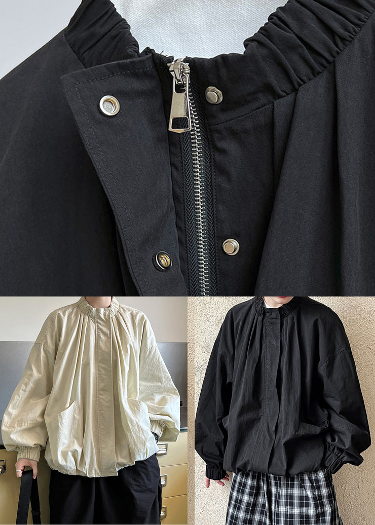 Black Stand Collar Wrinkled Coat Fall