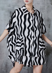 Black Striped Chiffon Long Shirts Asymmetrical Patchwork Summer