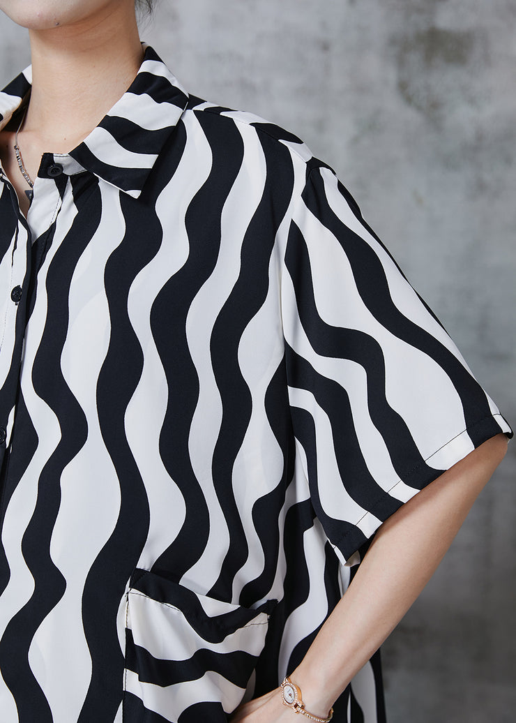 Black Striped Chiffon Long Shirts Asymmetrical Patchwork Summer