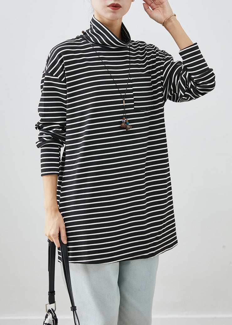 Black Striped Cotton Shirt Turtle Neck Pocket Fall