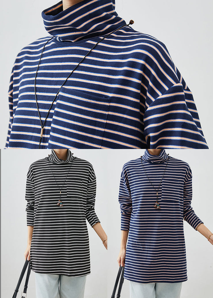 Black Striped Cotton Shirt Turtle Neck Pocket Fall