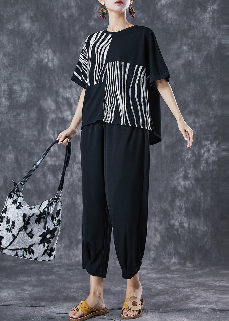 Black Striped Cotton Two Pieces Set Asymmetrical Summer