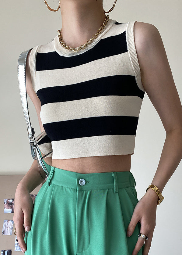 Black Striped Cozy Knit Tank O Neck Summer