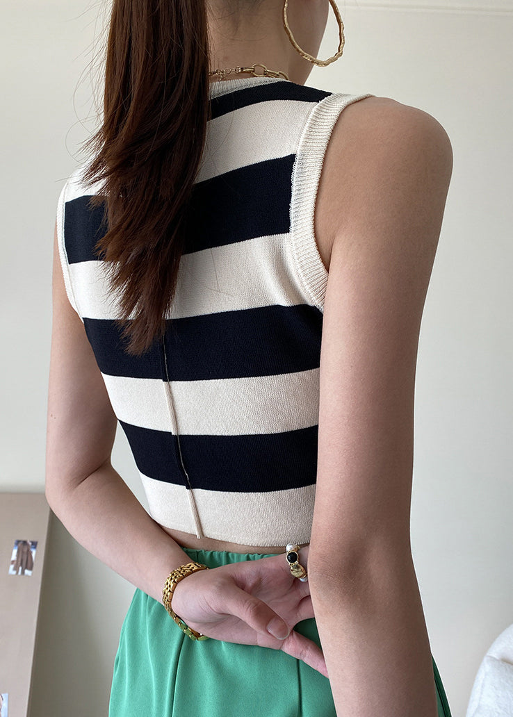 Black Striped Cozy Knit Tank O Neck Summer