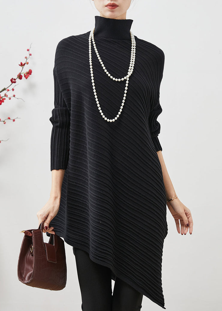 Black Striped Knit Tops High Neck Asymmetrical Spring