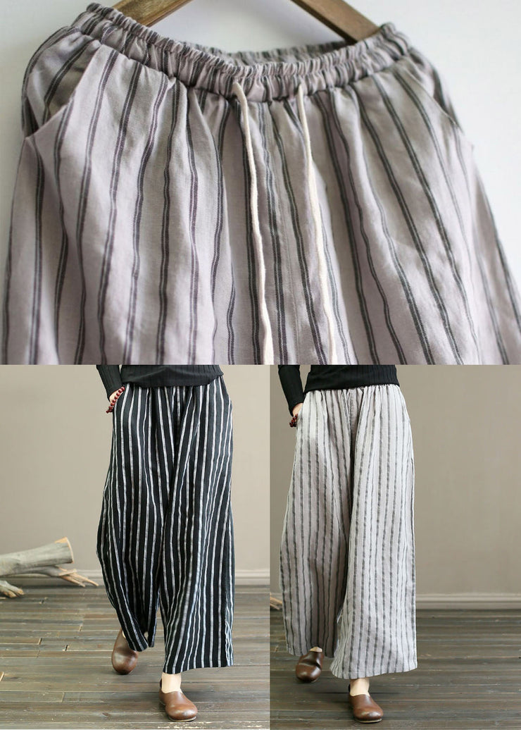 Black Striped Linen Wide Leg Pants Elastic Waist Oversized Summer