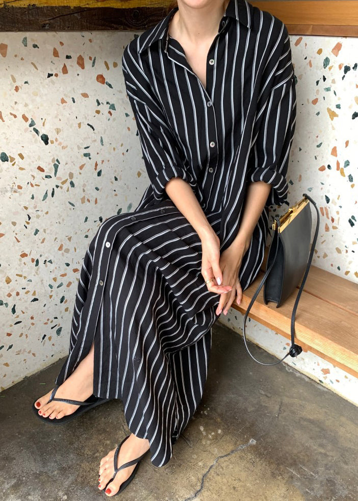 Black Striped Long Shirts Dresses Long Sleeve