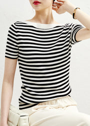 Black Striped O-Neck Silk Knit T Shirts Sleeve