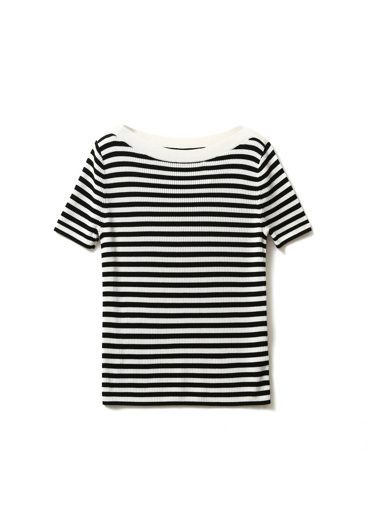 Black Striped O-Neck Silk Knit T Shirts Sleeve