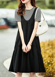 Black Striped Patchwork Cotton Dresses Wrinkled Short Sleeve