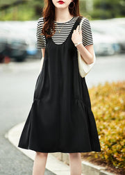 Black Striped Patchwork Cotton Dresses Wrinkled Short Sleeve