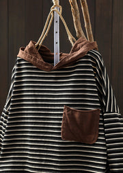 Black Striped Pockets Patchwork Cotton Blouse Tops Hooded Fall