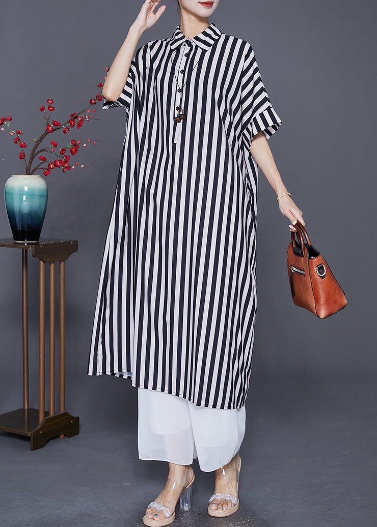 Black Striped Silk Maxi Dresses Oversized Peter Pan Collar Summer