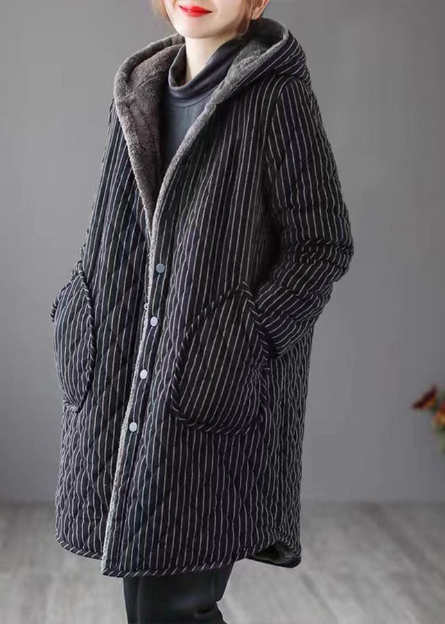 Black Striped Warm Fleece Womens Parka Hooded Winter