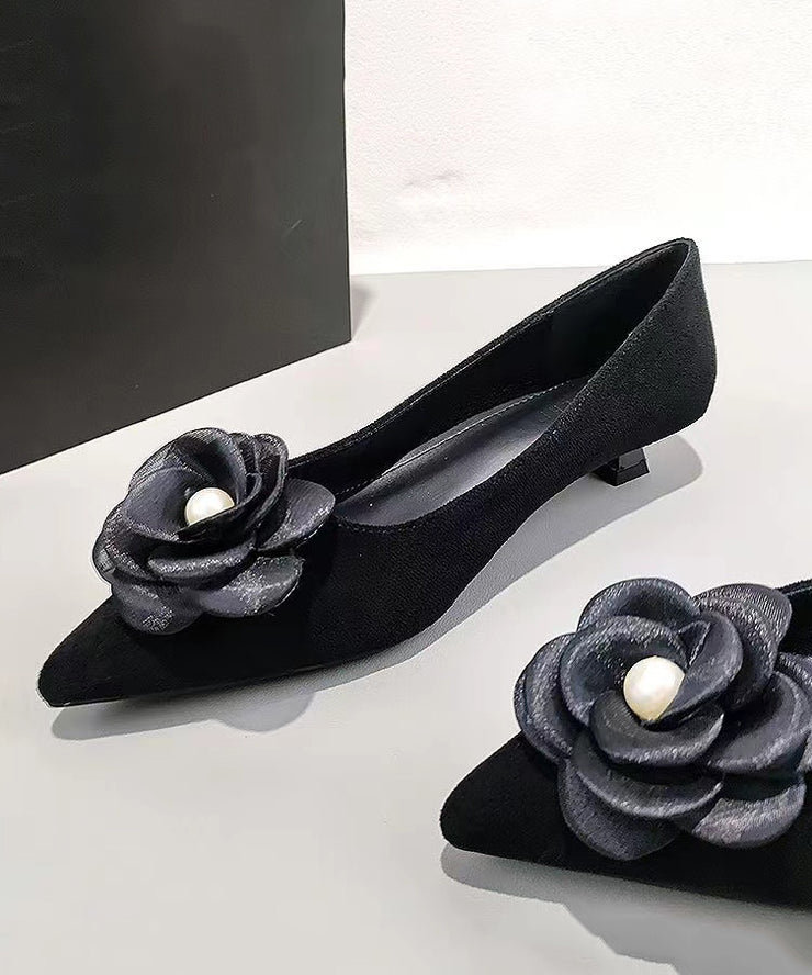 Black Suede Floral Splicing Kitten Shoes Pointed Toe