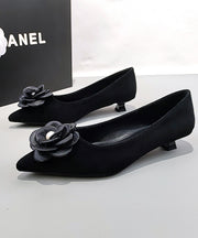 Black Suede Floral Splicing Kitten Shoes Pointed Toe