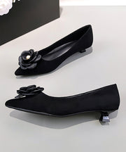 Black Suede Floral Splicing Kitten Shoes Pointed Toe