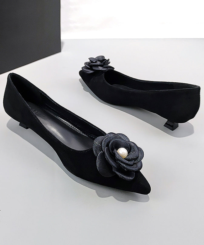 Black Suede Floral Splicing Kitten Shoes Pointed Toe