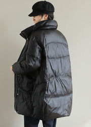 Black Thick Duck Down Down Coat Stand Collar Oversized Pockets Winter