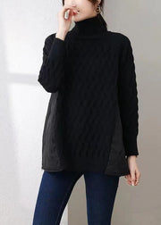 Black Thick Patchwork Knit Pullover Shirts Hign Neck Zip Up Winter