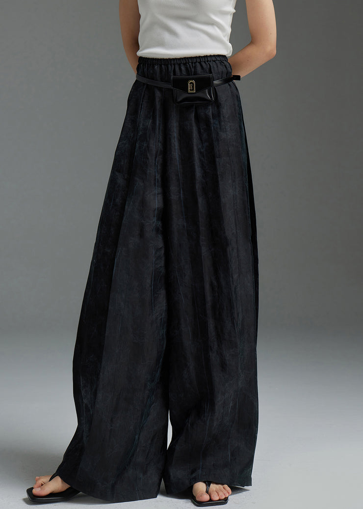 Black Thin Silk Fall Wide Leg Pants Elastic Waist