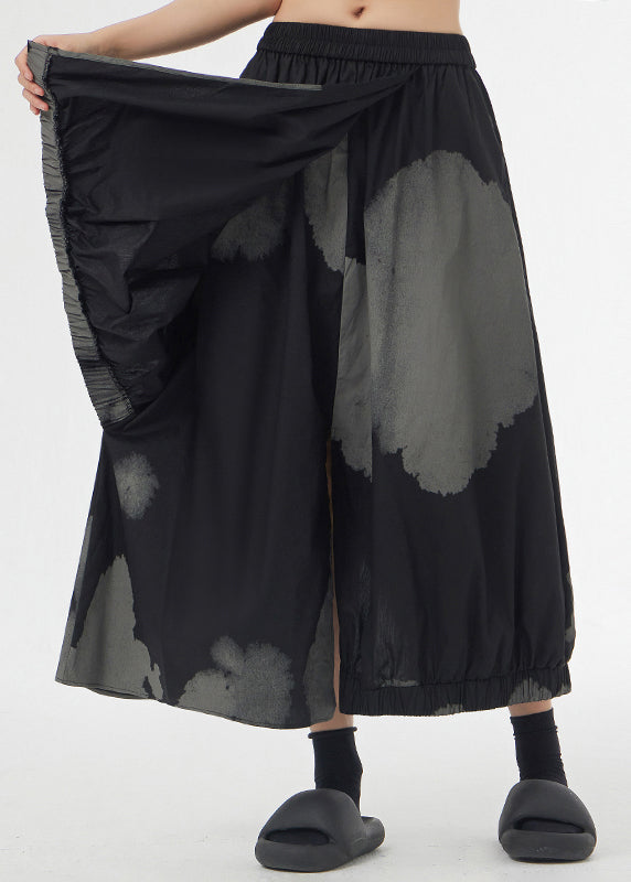 Black Tie Dye Pockets Elastic Waist Patchwork Cotton Skirt Asymmetrical Summer