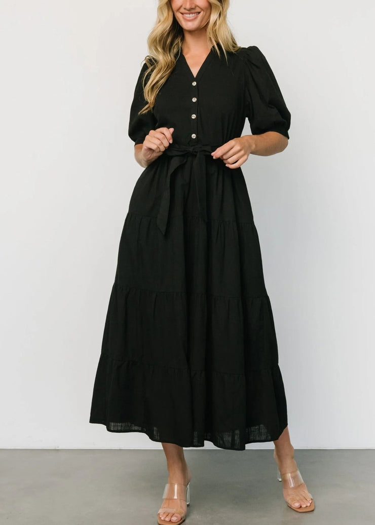 Black Tie Waist Cotton Long Dresses V Neck Short Sleeve