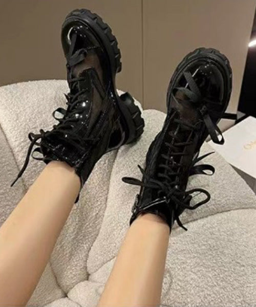 Black Tulle Boots Chunky Faux Leather Splicing Hollow Out Lace Up