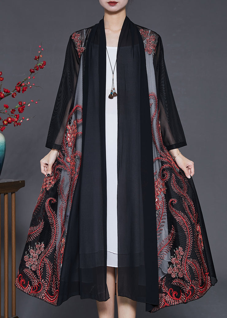 Black Tulle Cardigans Phoenix Tail Flower Embroidered Summer