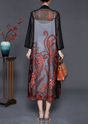 Black Tulle Cardigans Phoenix Tail Flower Embroidered Summer