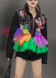 Black Tulle Patchwork Button Denim Outwear Fall