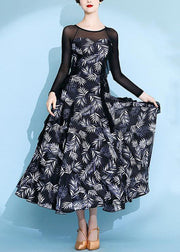 Black Tulle Patchwork Chiffon Long Dresses O Neck Long Sleeve