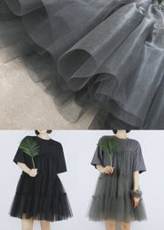 Black Tulle Patchwork Cotton A Line Dress O-Neck Short Sleeve