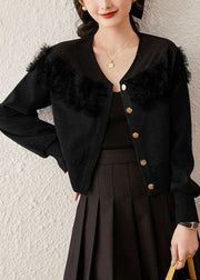 Black Tulle Patchwork Cotton Coat V Neck Long Sleeve