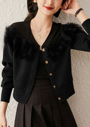 Black Tulle Patchwork Cotton Coat V Neck Long Sleeve