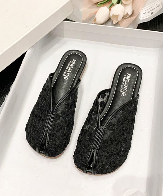 Black Tulle Slide Sandals Hollow Out Embroidery Splicing