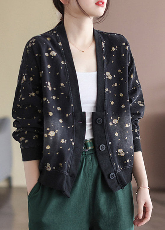 Black V Neck Button Cotton Denim Coats Long Sleeve