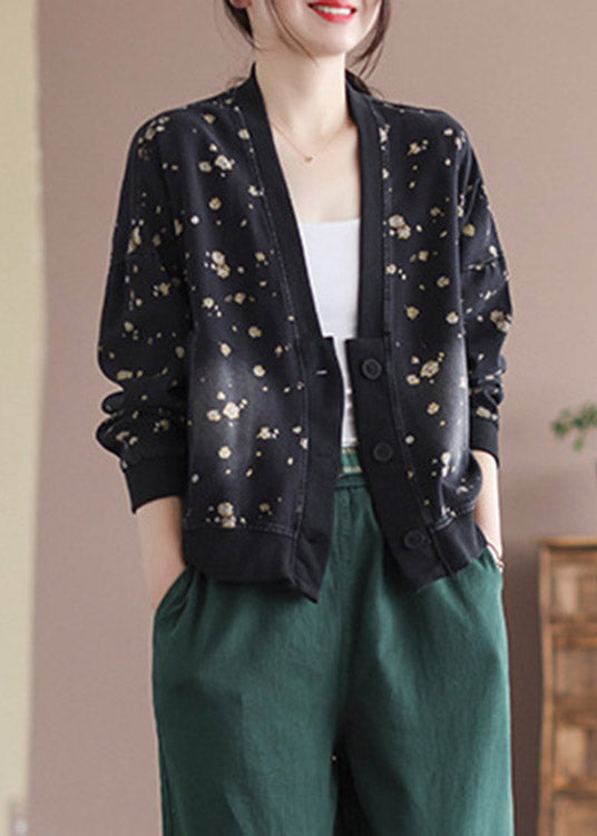 Black V Neck Button Cotton Denim Coats Long Sleeve