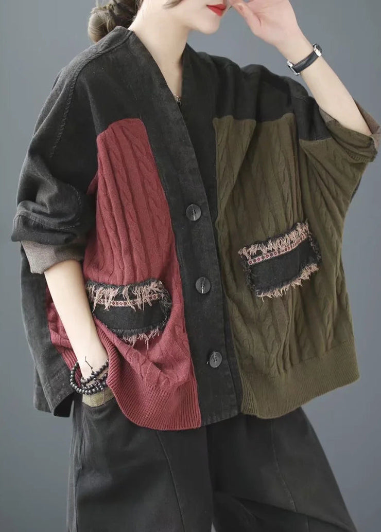 Black V Neck Button Knit Denim Coats Long Sleeve