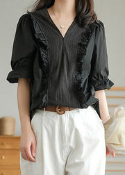 Black V Neck Button Linen T Shirt Half Sleeve