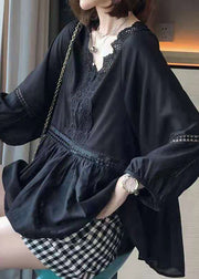 Black V Neck Hollow Out Lace Top Long Sleeve