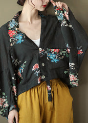 Black V Neck Low High Design Linen Shirt Batwing Sleeve