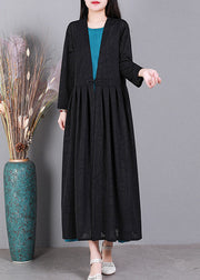 Black V Neck Solid Cinched Linen Cardigans Long Sleeve