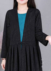 Black V Neck Solid Cinched Linen Cardigans Long Sleeve