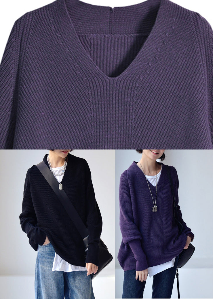 Black V Neck Thick Cotton Knit Sweaters Batwing Sleeve