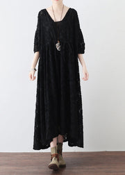 Black V Neck Tie Waist Chiffon Maxi Dresses Long Sleeve