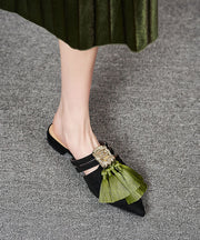 Black Velour Tassel Fashion Splicing Slide Sandals Pointed Toe