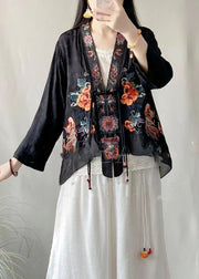 Black Vintage Linen Silk Cardigans Embroideried V Neck Tasseled Spring