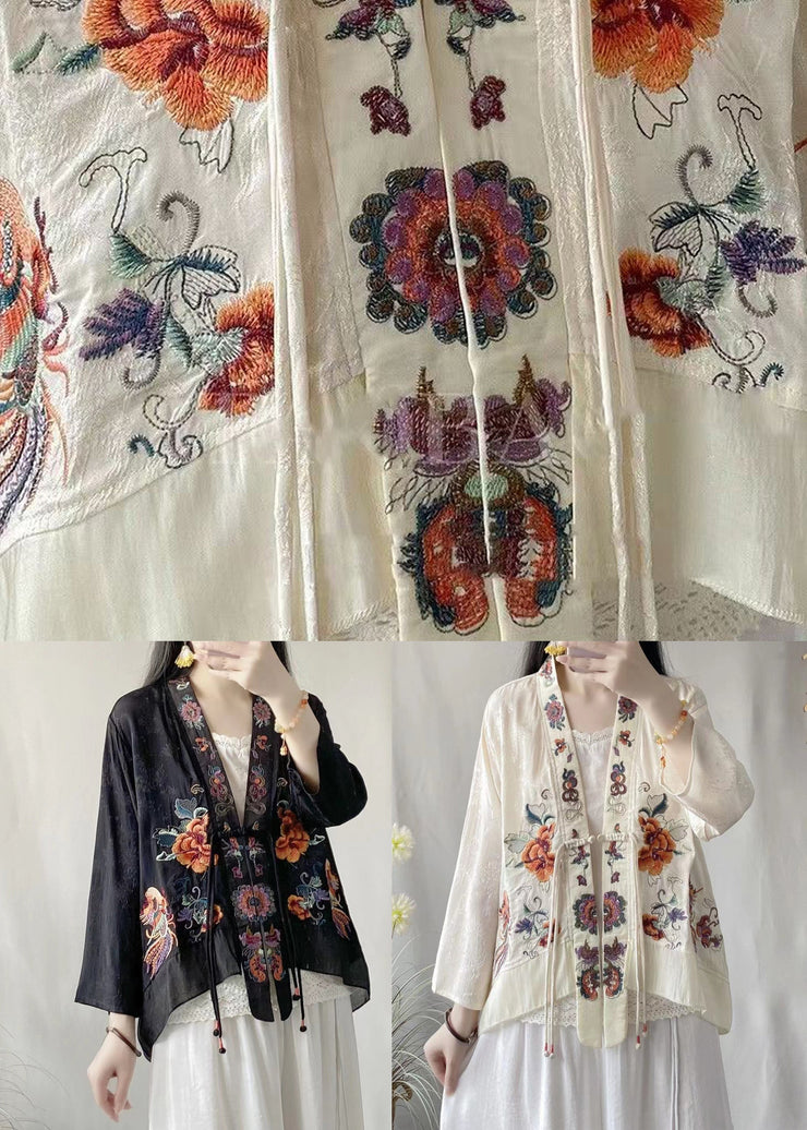 Black Vintage Linen Silk Cardigans Embroideried V Neck Tasseled Spring