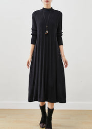 Black Warm Knit Pleated Sweater Dress Stand Collar Winter